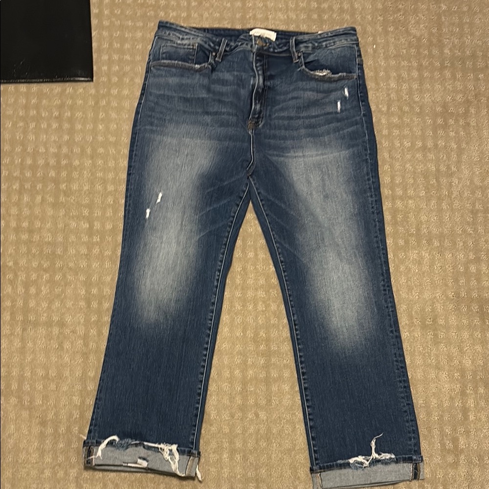 Straight Leg Women's Jeans in Distressed Dark Blue